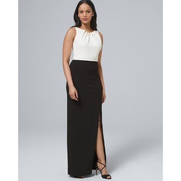 Nicole Miller Color Block Pearl Neck Gown 6 $395 Black White Formal Maxi Dress - Picture 2 of 7